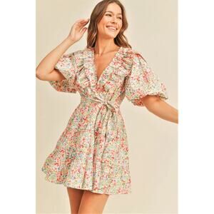 RESET Floral Print Mini Wrap Dress Womens Large White Puff Sleeve Lined